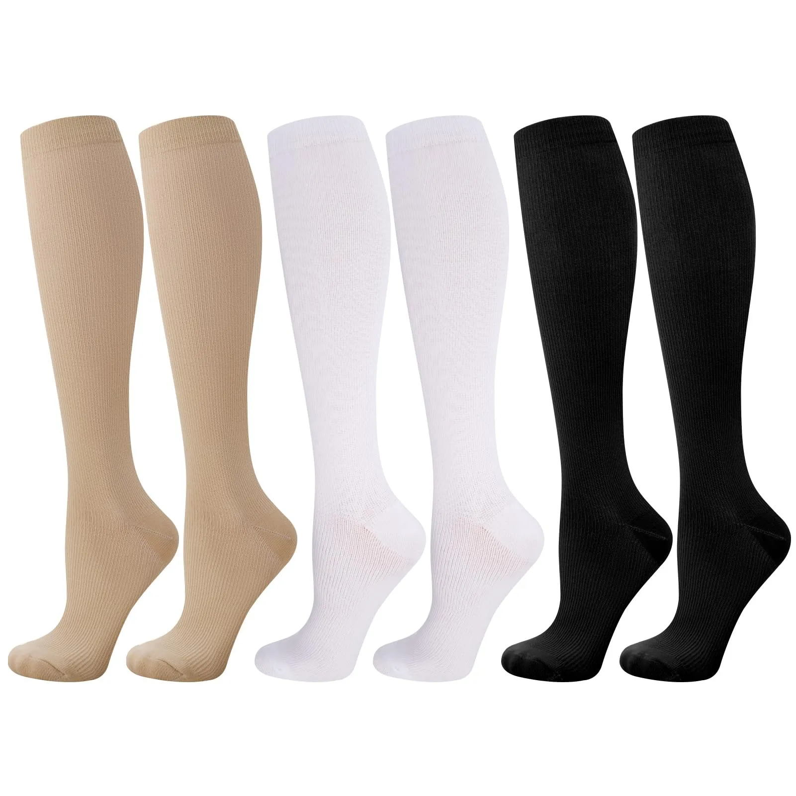 3 pairs of compression stockings, support knee socks, compression socks, long compression socks with 15-25 mmhg, travel stockings, support stockings for women, men, running, sports, flights, traveling 39-42 black, white, skin color