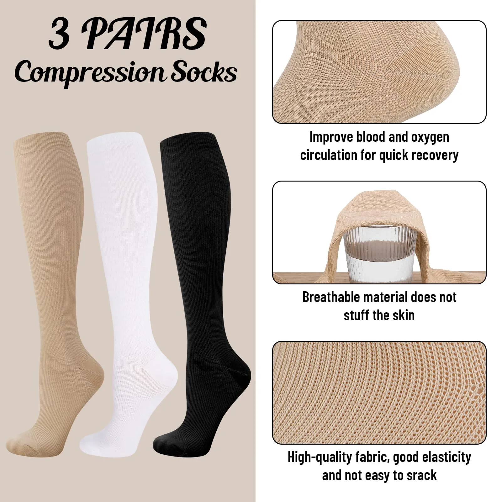 3 pairs of compression stockings, support knee socks, compression socks, long compression socks with 15-25 mmhg, travel stockings, support stockings for women, men, running, sports, flights, traveling 39-42 black, white, skin color