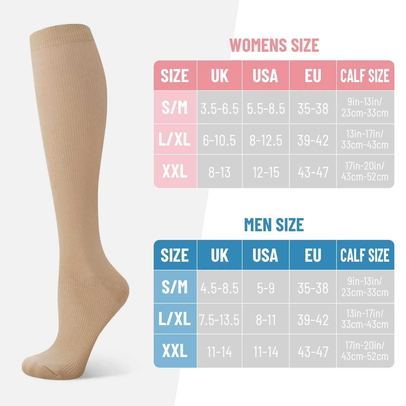3 pairs of compression stockings, support knee socks, compression socks, long compression socks with 15-25 mmhg, travel stockings, support stockings for women, men, running, sports, flights, traveling 39-42 black, white, skin color