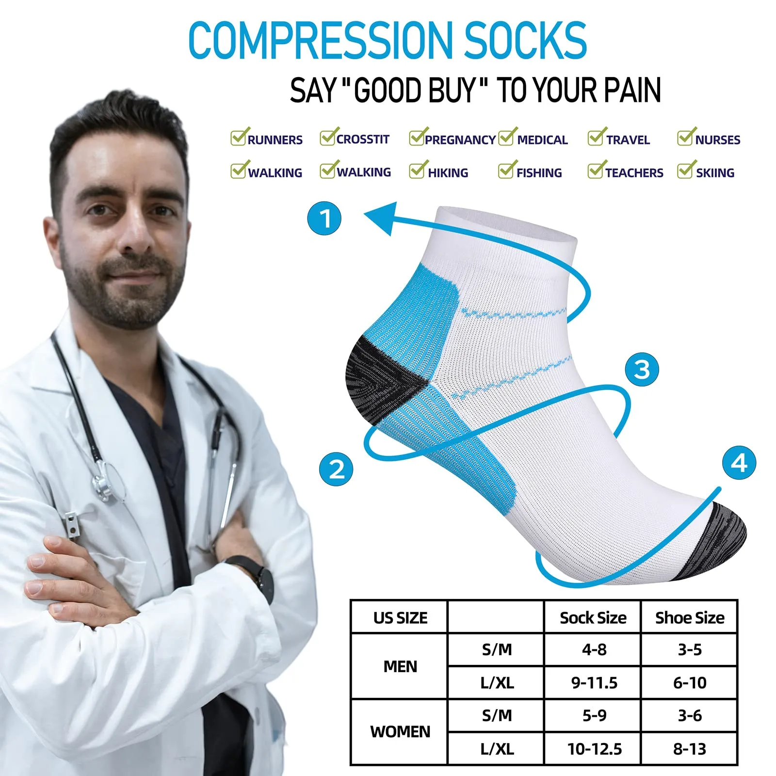 6 Pairs Compression Socks for Men & Women Plantar Fasciitis Socks Low Cut Sports Socks Athletic Socks S-M 3 Black 3 Blue