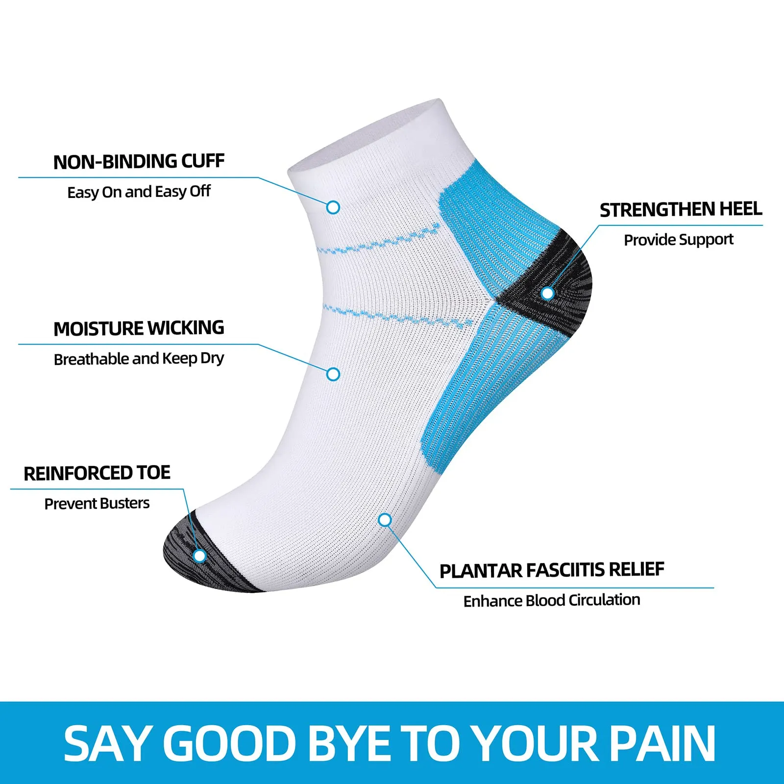 6 Pairs Compression Socks for Men & Women Plantar Fasciitis Socks Low Cut Sports Socks Athletic Socks S-M 3 Black 3 Blue