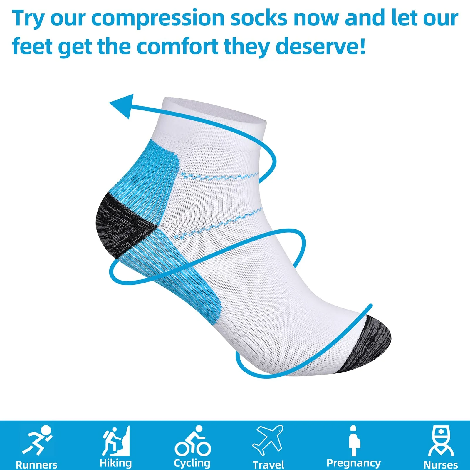 6 Pairs Compression Socks for Men & Women Plantar Fasciitis Socks Low Cut Sports Socks Athletic Socks S-M 3 Black 3 Blue