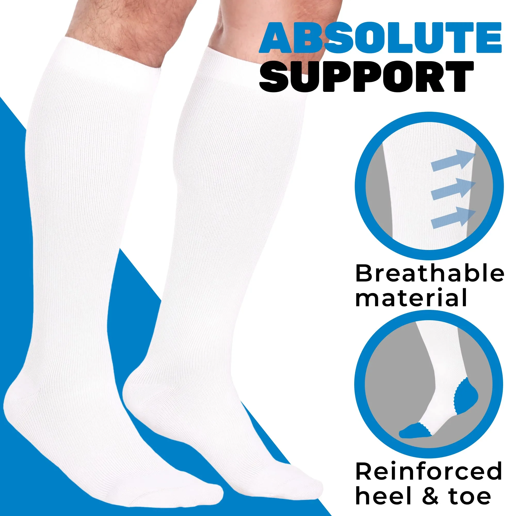 Absolute Support - Made in USA - Travel Socks for Men 15 - 20 mmHg for Circulation and Varicose Veins - Sports Compression Stockings for Men 15 - 20 mmHg for Work and Home - White, Medium