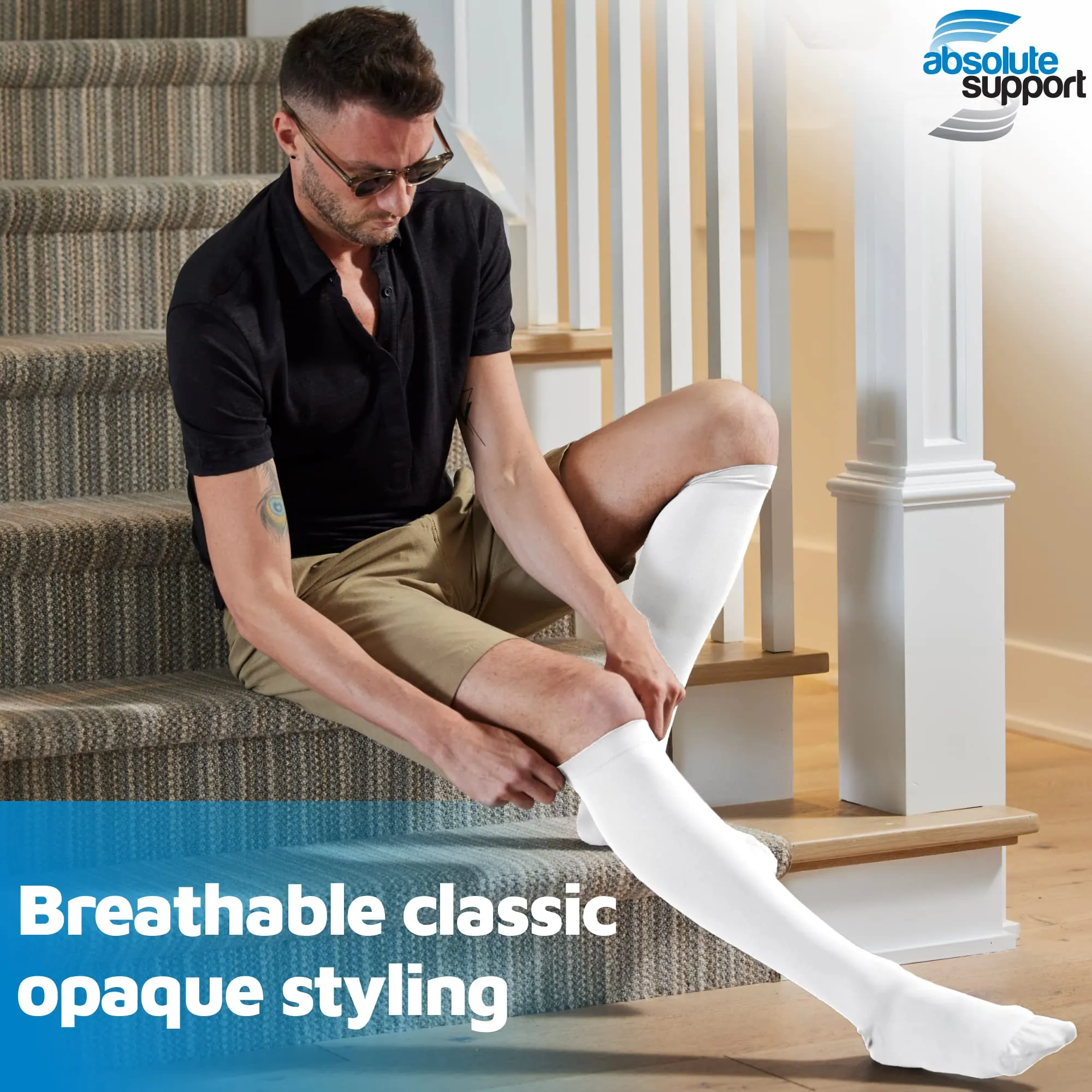 Absolute Support - Made in USA - Travel Socks for Men 15 - 20 mmHg for Circulation and Varicose Veins - Sports Compression Stockings for Men 15 - 20 mmHg for Work and Home - White, Medium