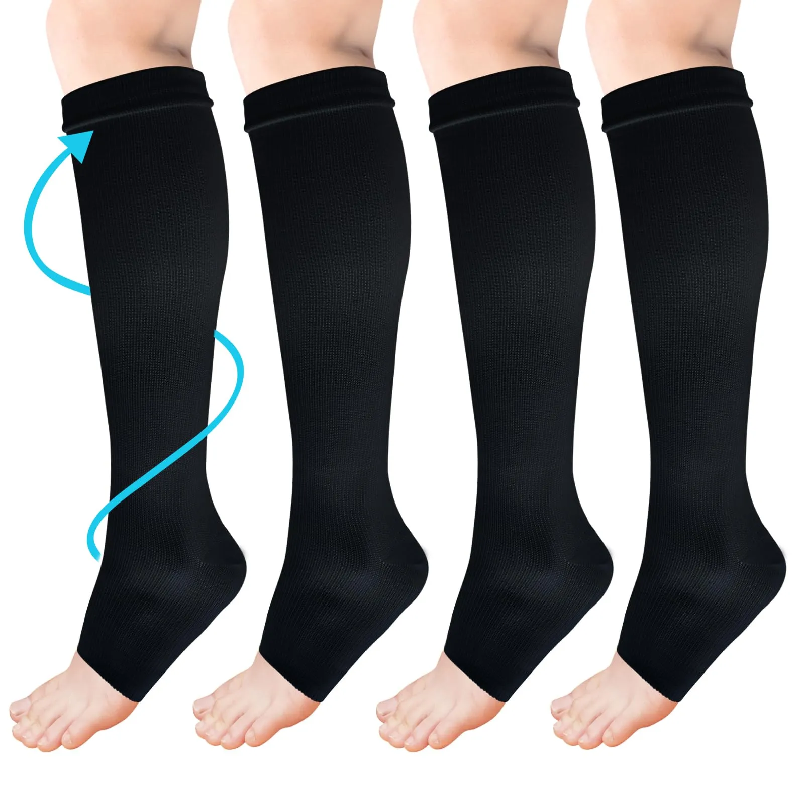 ACWOO compression stockings for women and men, 2 pairs of support stockings, medical compression socks with 15-20 mmhg thrombosis stockings, open toe compression socks for running, sports, flights, cycling (black) 2 pairs - one size black