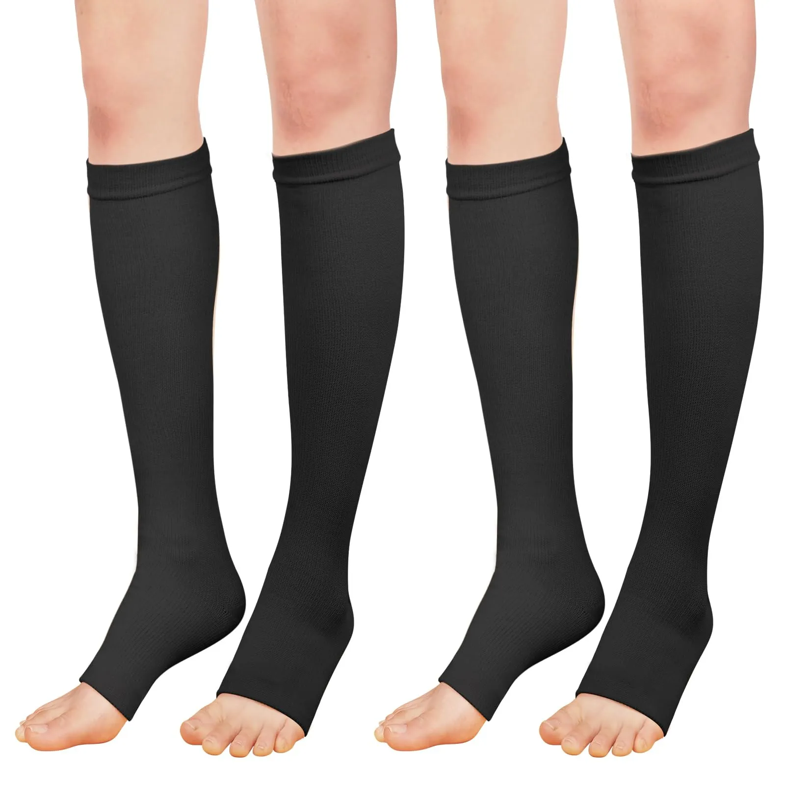 ACWOO compression stockings for women and men, 2 pairs of support stockings, medical compression socks with 15-20 mmhg thrombosis stockings, open toe compression socks for running, sports, flights, cycling (black) 2 pairs - one size black