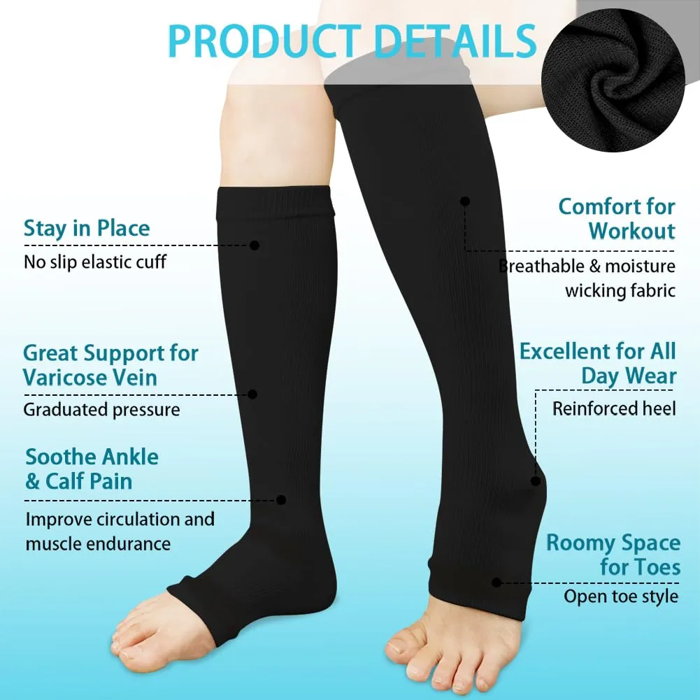 ACWOO compression stockings for women and men, 2 pairs of support stockings, medical compression socks with 15-20 mmhg thrombosis stockings, open toe compression socks for running, sports, flights, cycling (black) 2 pairs - one size black