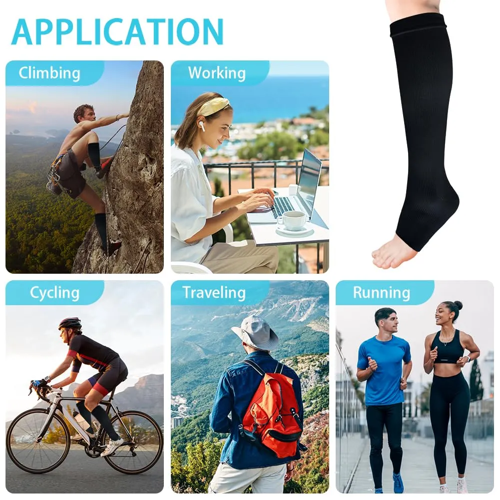 ACWOO compression stockings for women and men, 2 pairs of support stockings, medical compression socks with 15-20 mmhg thrombosis stockings, open toe compression socks for running, sports, flights, cycling (black) 2 pairs - one size black