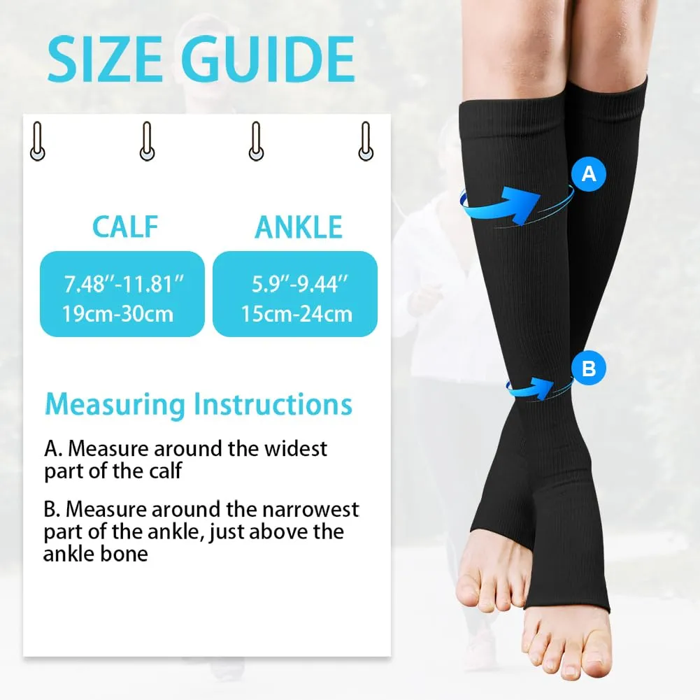 ACWOO compression stockings for women and men, 2 pairs of support stockings, medical compression socks with 15-20 mmhg thrombosis stockings, open toe compression socks for running, sports, flights, cycling (black) 2 pairs - one size black