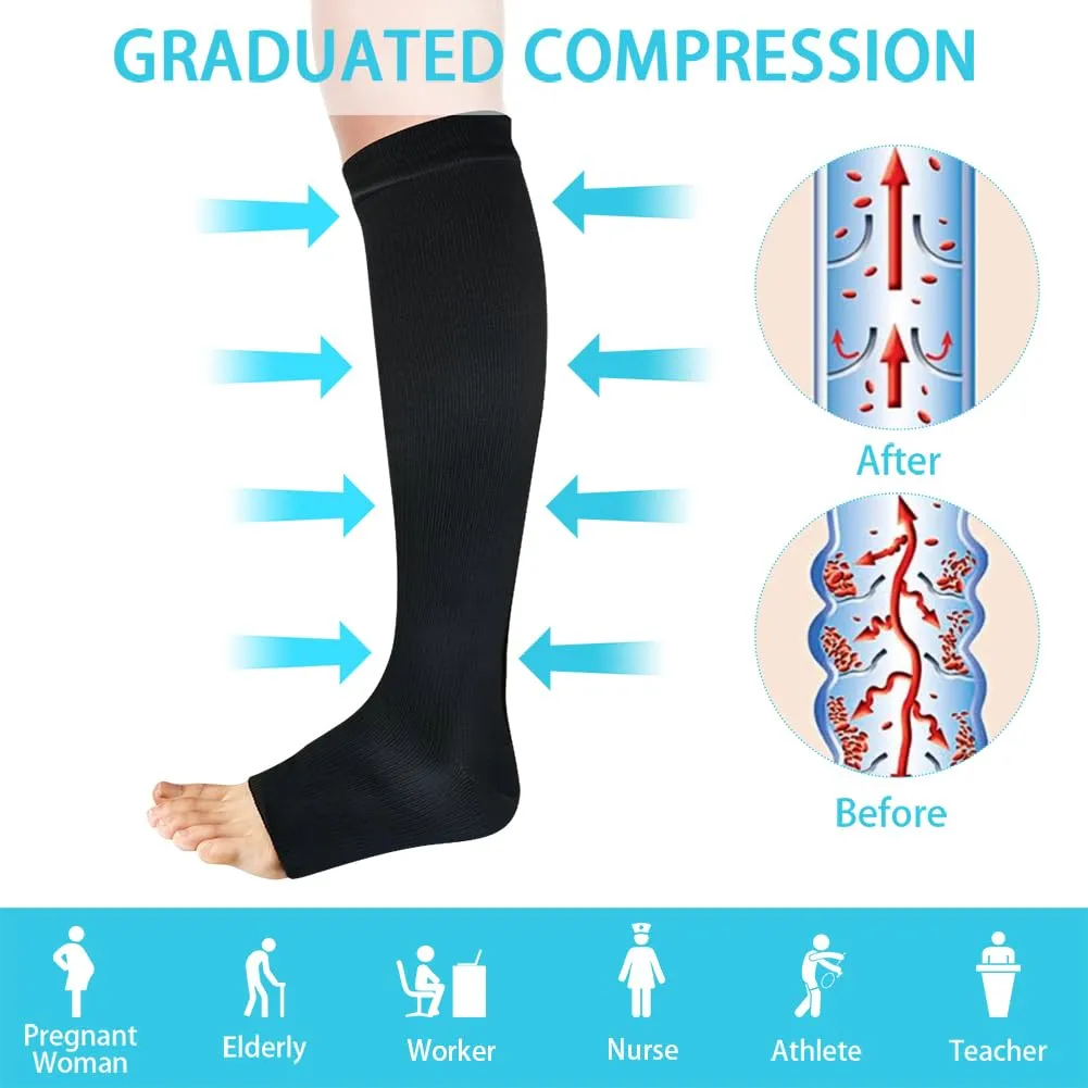 ACWOO compression stockings for women and men, 2 pairs of support stockings, medical compression socks with 15-20 mmhg thrombosis stockings, open toe compression socks for running, sports, flights, cycling (black) 2 pairs - one size black