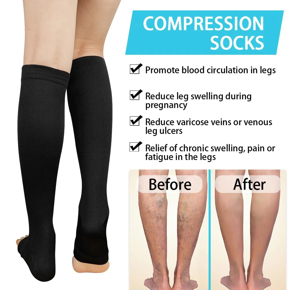 ACWOO compression stockings for women and men, 2 pairs of support stockings, medical compression socks with 15-20 mmhg thrombosis stockings, open toe compression socks for running, sports, flights, cycling (black) 2 pairs - one size black