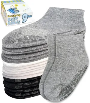 Baby Mid-Crew Socks with Grips (9 Pairs) for 0-7 Years Old Toddler Boy Girl Kids