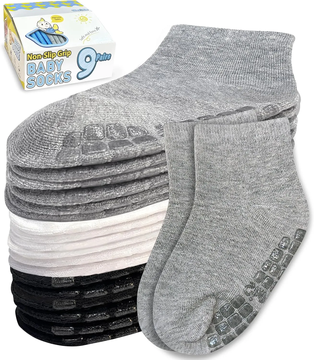 Baby Mid-Crew Socks with Grips (9 Pairs) for 0-7 Years Old Toddler Boy Girl Kids