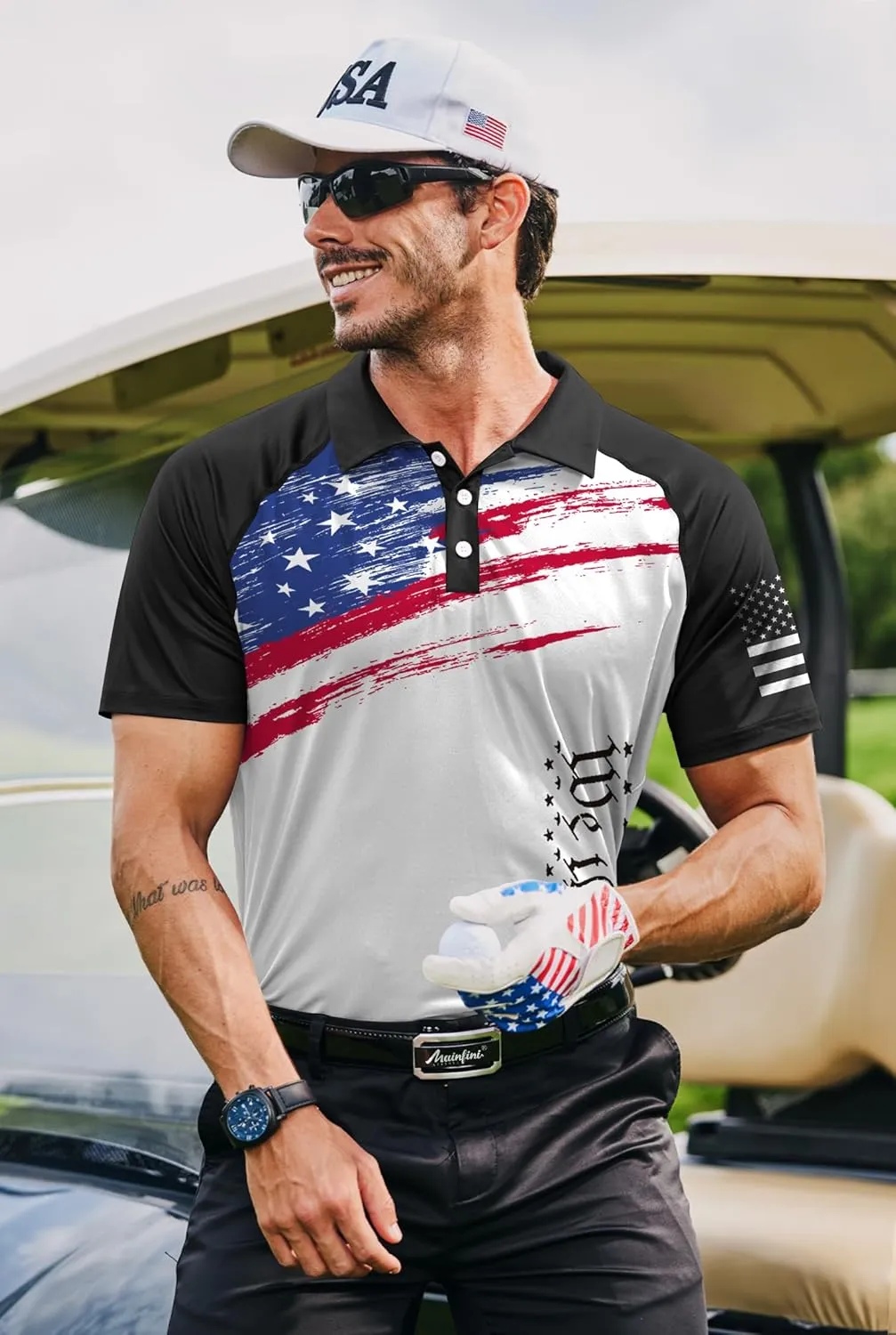 Mainfini Men's Short Sleeve Golf Shirt 1776 USA Flag Graphic Button Polo Shirt (S-3XL)