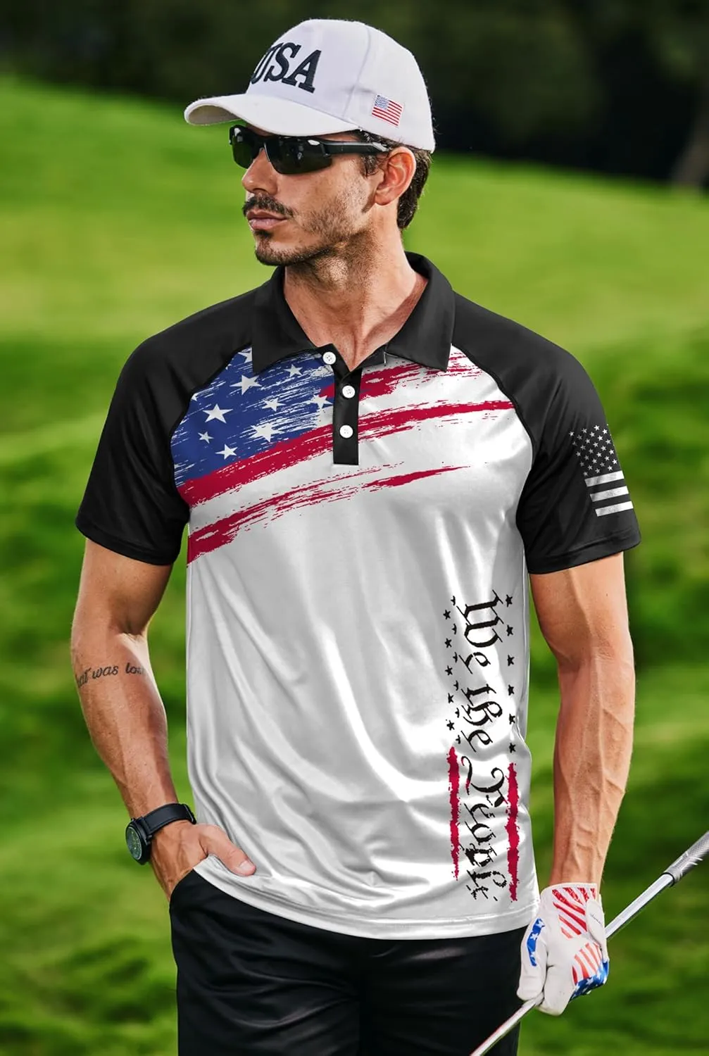 Mainfini Men's Short Sleeve Golf Shirt 1776 USA Flag Graphic Button Polo Shirt (S-3XL)