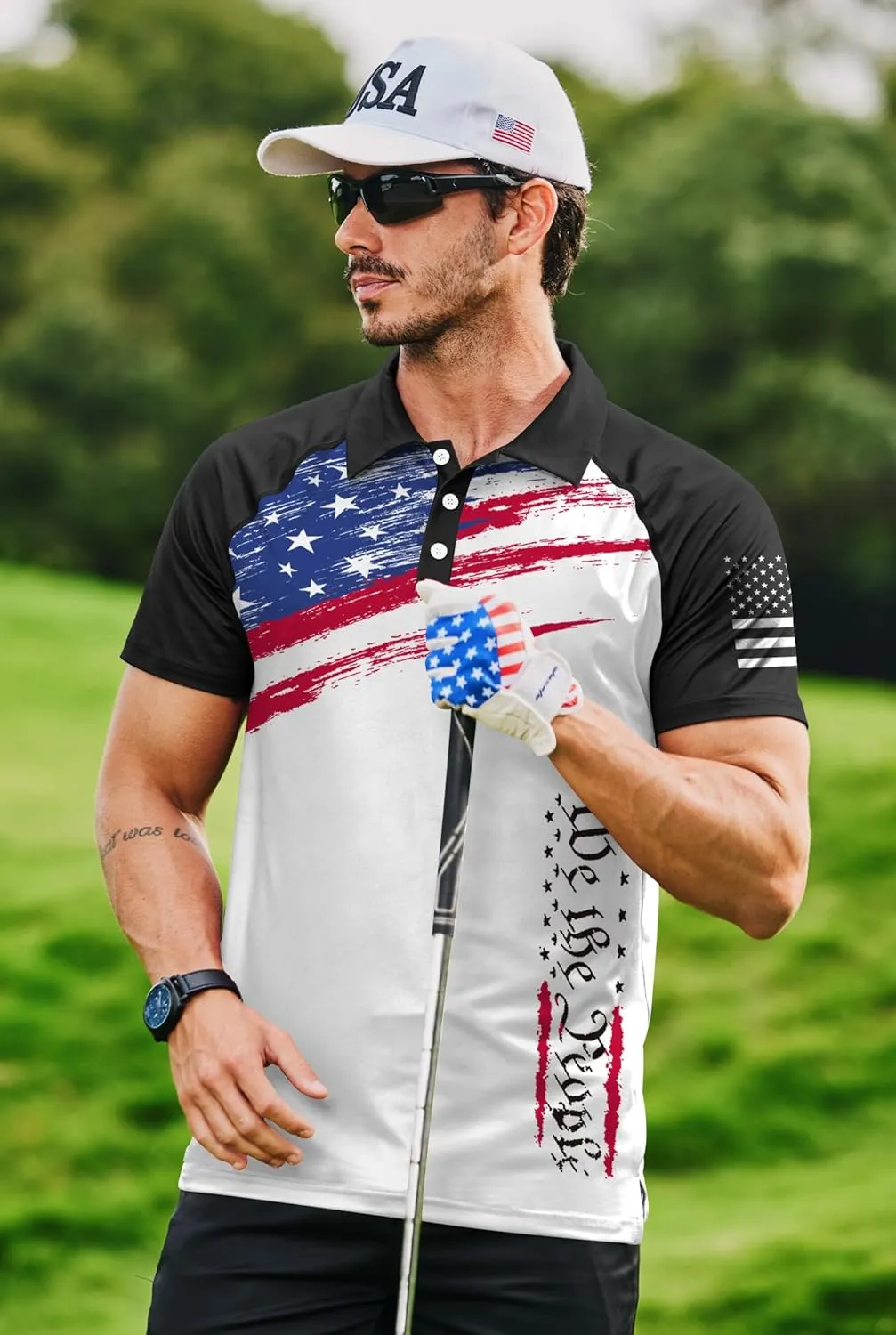 Mainfini Men's Short Sleeve Golf Shirt 1776 USA Flag Graphic Button Polo Shirt (S-3XL)