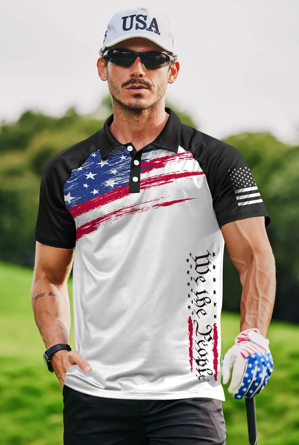 Mainfini Men's Short Sleeve Golf Shirt 1776 USA Flag Graphic Button Polo Shirt (S-3XL)