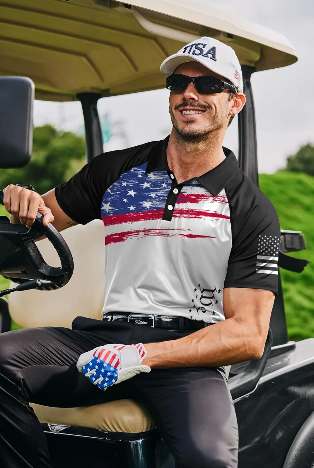 Mainfini Men's Short Sleeve Golf Shirt 1776 USA Flag Graphic Button Polo Shirt (S-3XL)