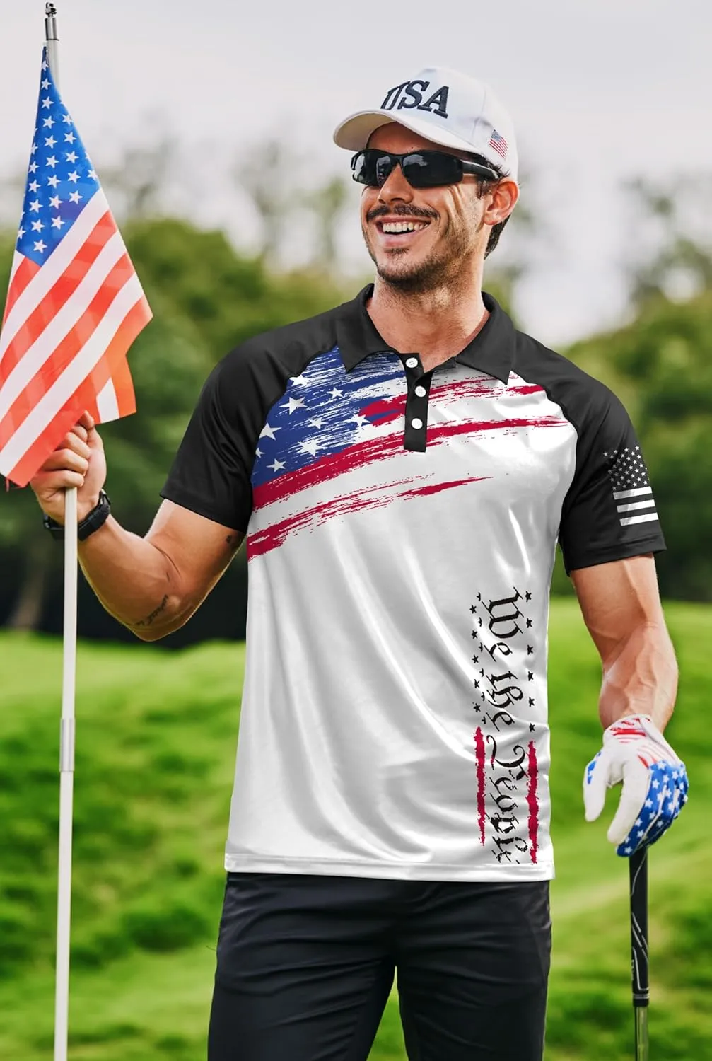 Mainfini Men's Short Sleeve Golf Shirt 1776 USA Flag Graphic Button Polo Shirt (S-3XL)