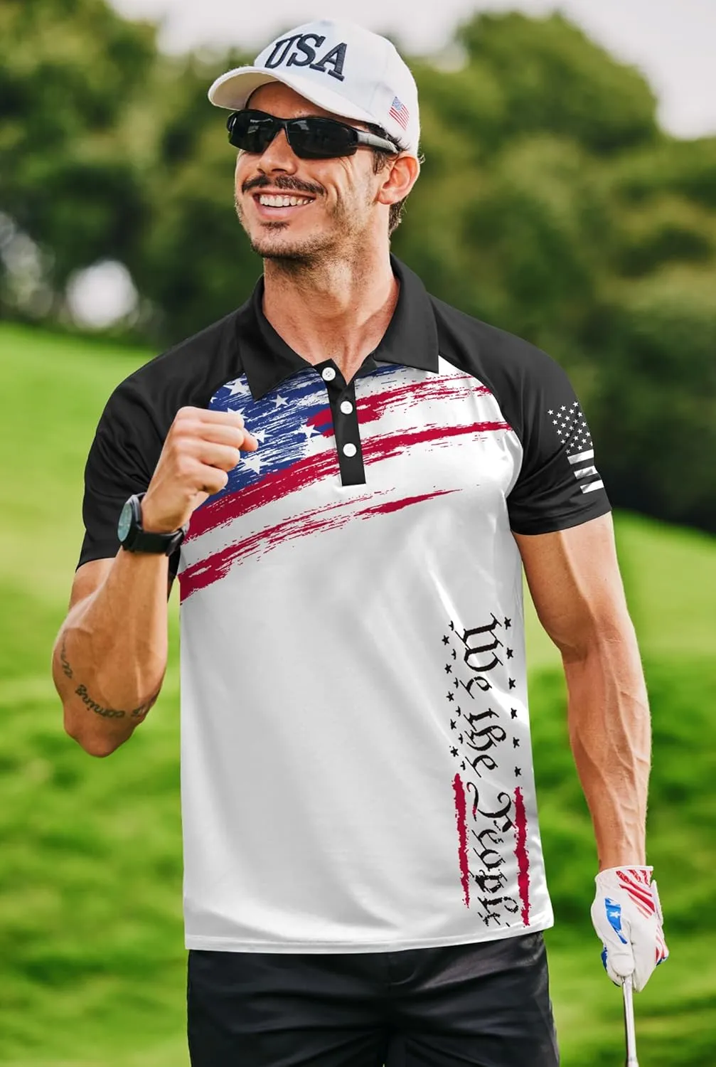 Mainfini Men's Short Sleeve Golf Shirt 1776 USA Flag Graphic Button Polo Shirt (S-3XL)