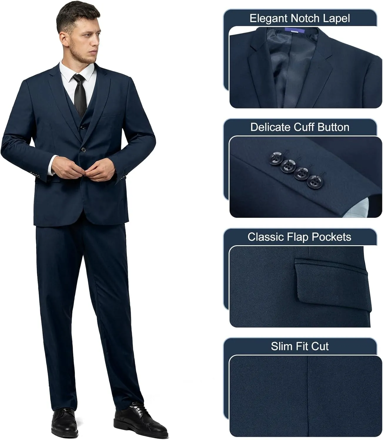 Men's Slim Fit 3 Piece Suit Set, Two Button Solid Blazer Jacket with Multi-Functional Pockets for Business/Party