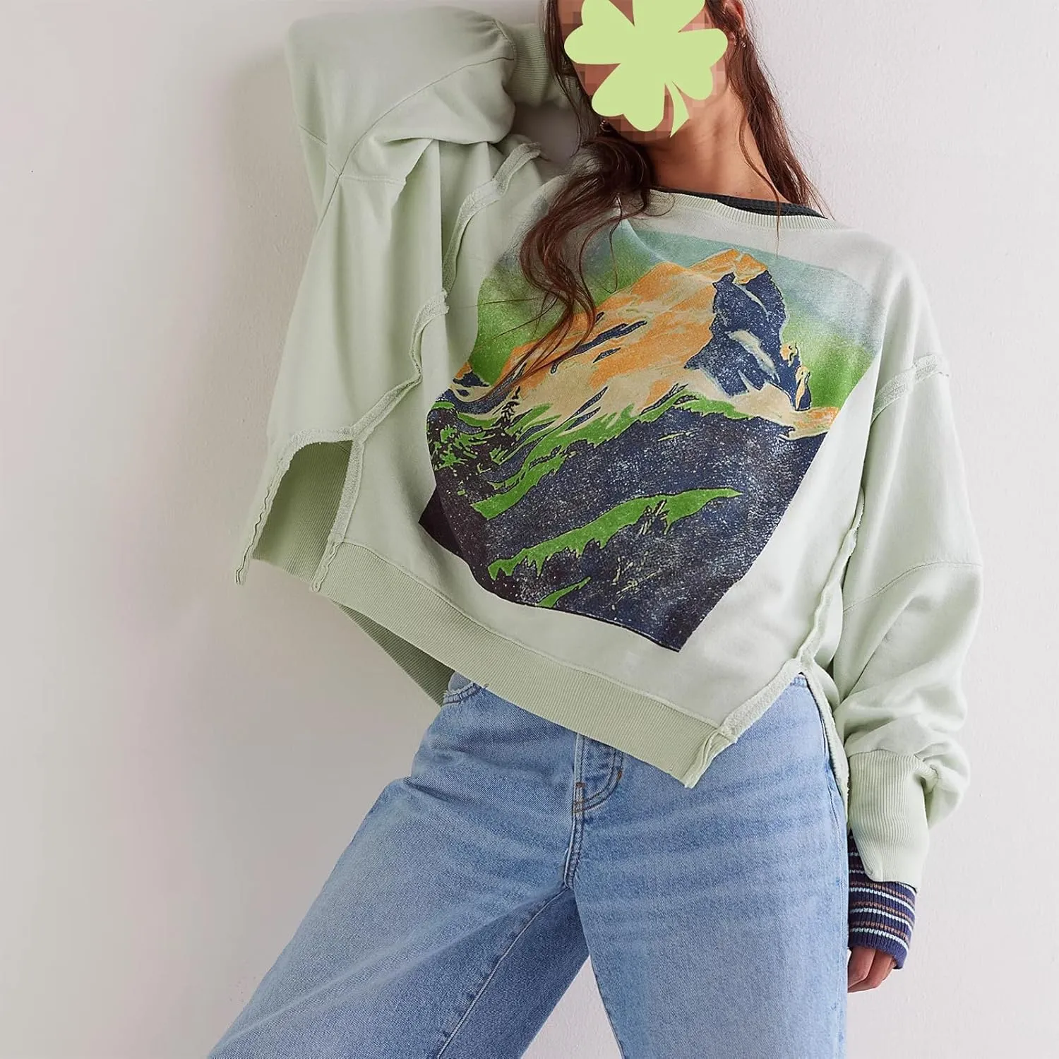 Oversized Graphic Swearshirts Women Y2k Crewneck Long Sleeve Drop Shoulder Shirts Top Vintage Jacket Sweater