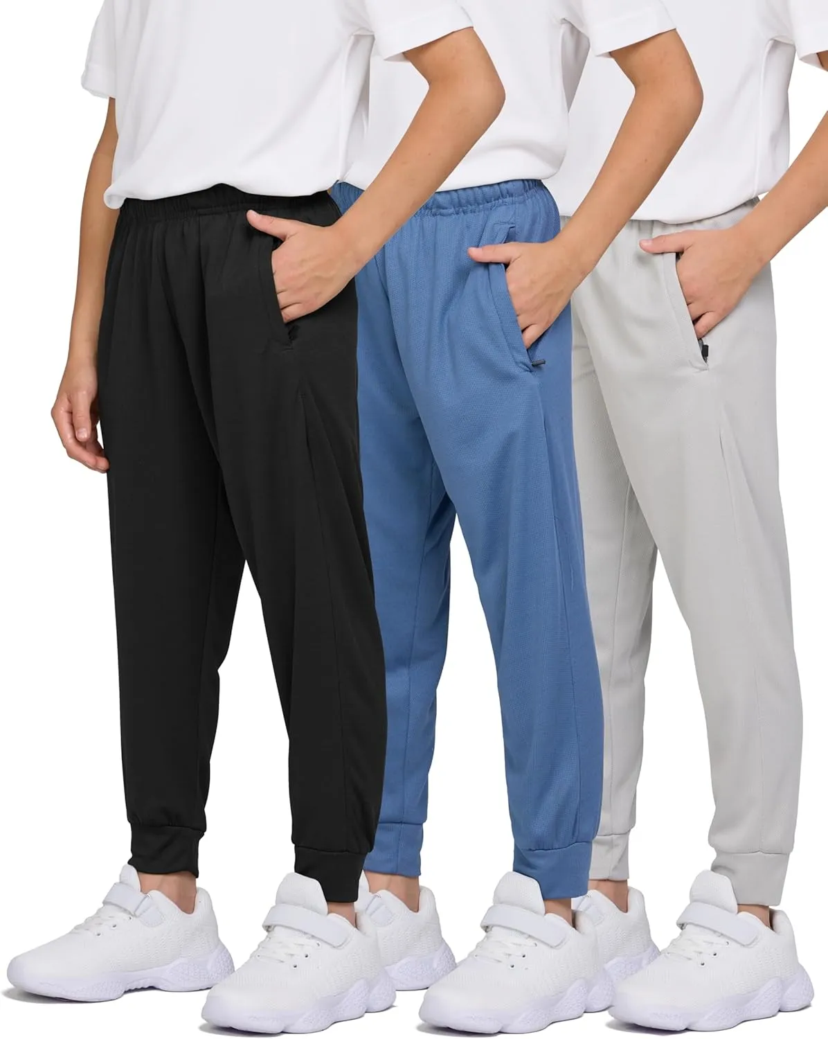 PURE CHAMP 3 Pack Boys Sweatpants Mesh Lightweight Kids Clothes with Zipper Pockets Active Quick-Dry Boys Pants Sizes 4-20