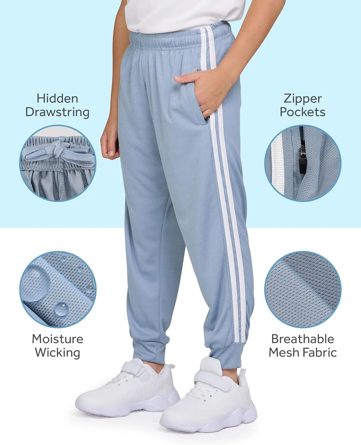 PURE CHAMP 3 Pack Boys Sweatpants Mesh Lightweight Kids Clothes with Zipper Pockets Active Quick-Dry Boys Pants Sizes 4-20