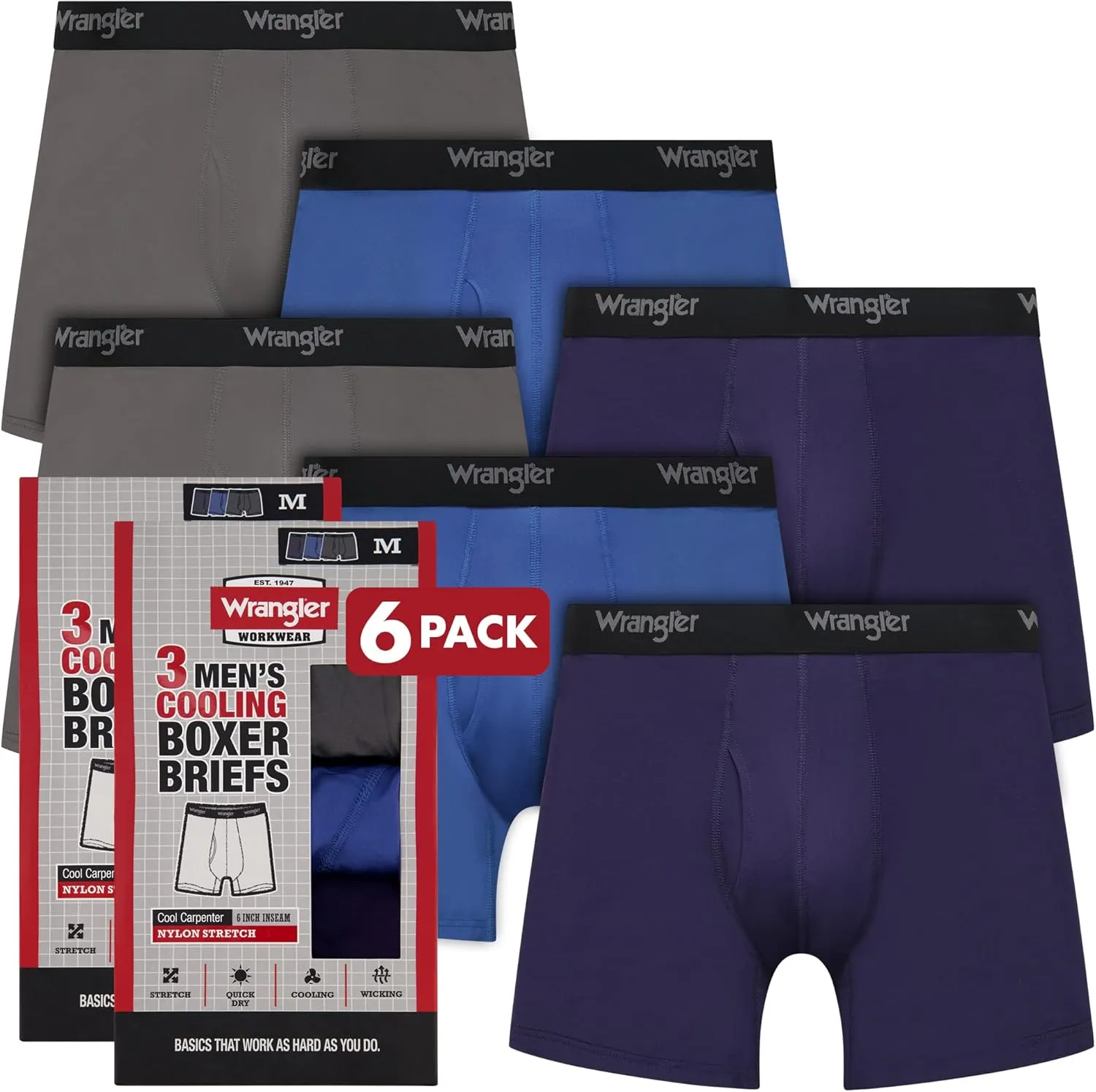 Wrangler Men??s Cooling Boxer Briefs, 6?? Inseam, Moisture-Wicking, Stretch Fabric, Pack of 6, Quick Dry