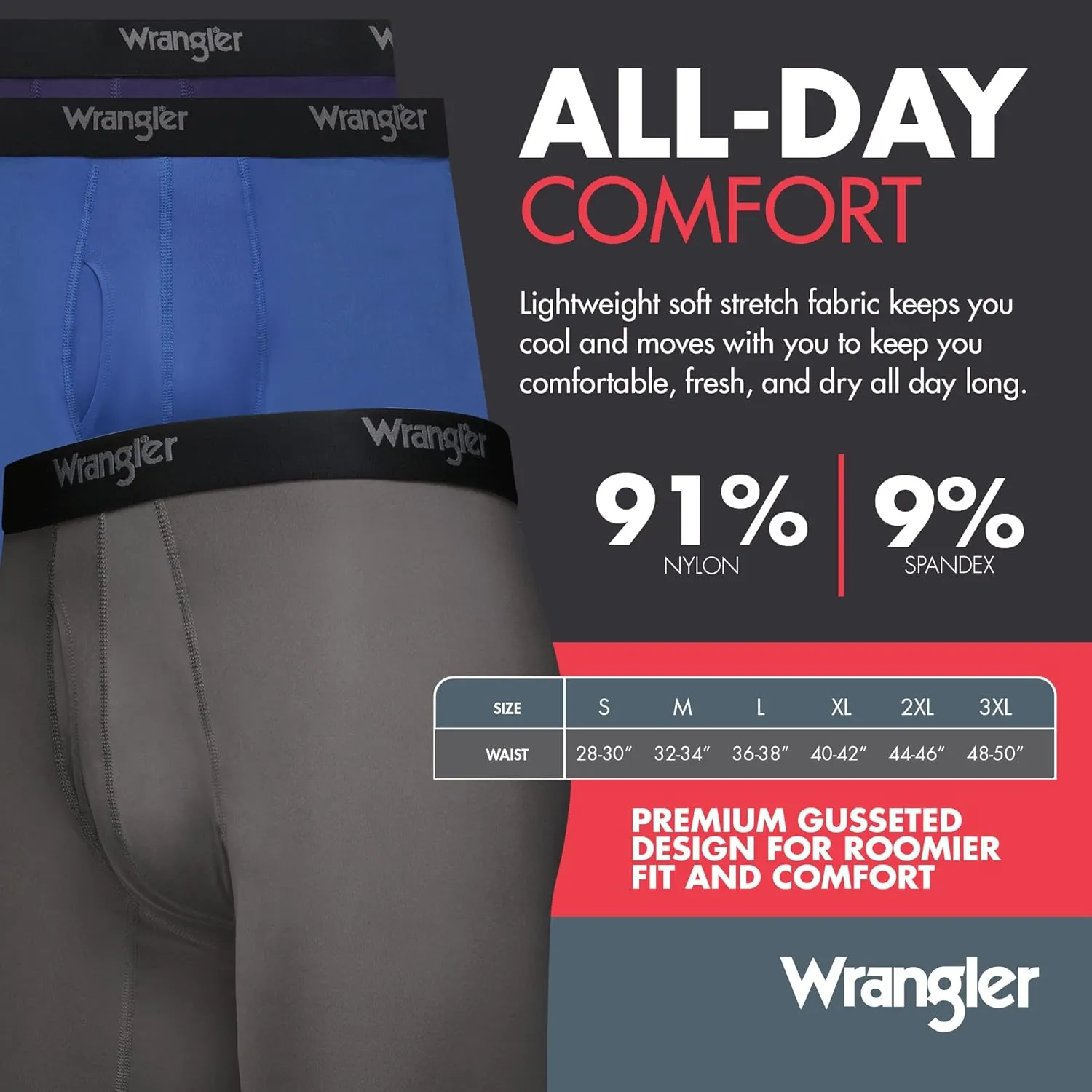 Wrangler Men??s Cooling Boxer Briefs, 6?? Inseam, Moisture-Wicking, Stretch Fabric, Pack of 6, Quick Dry