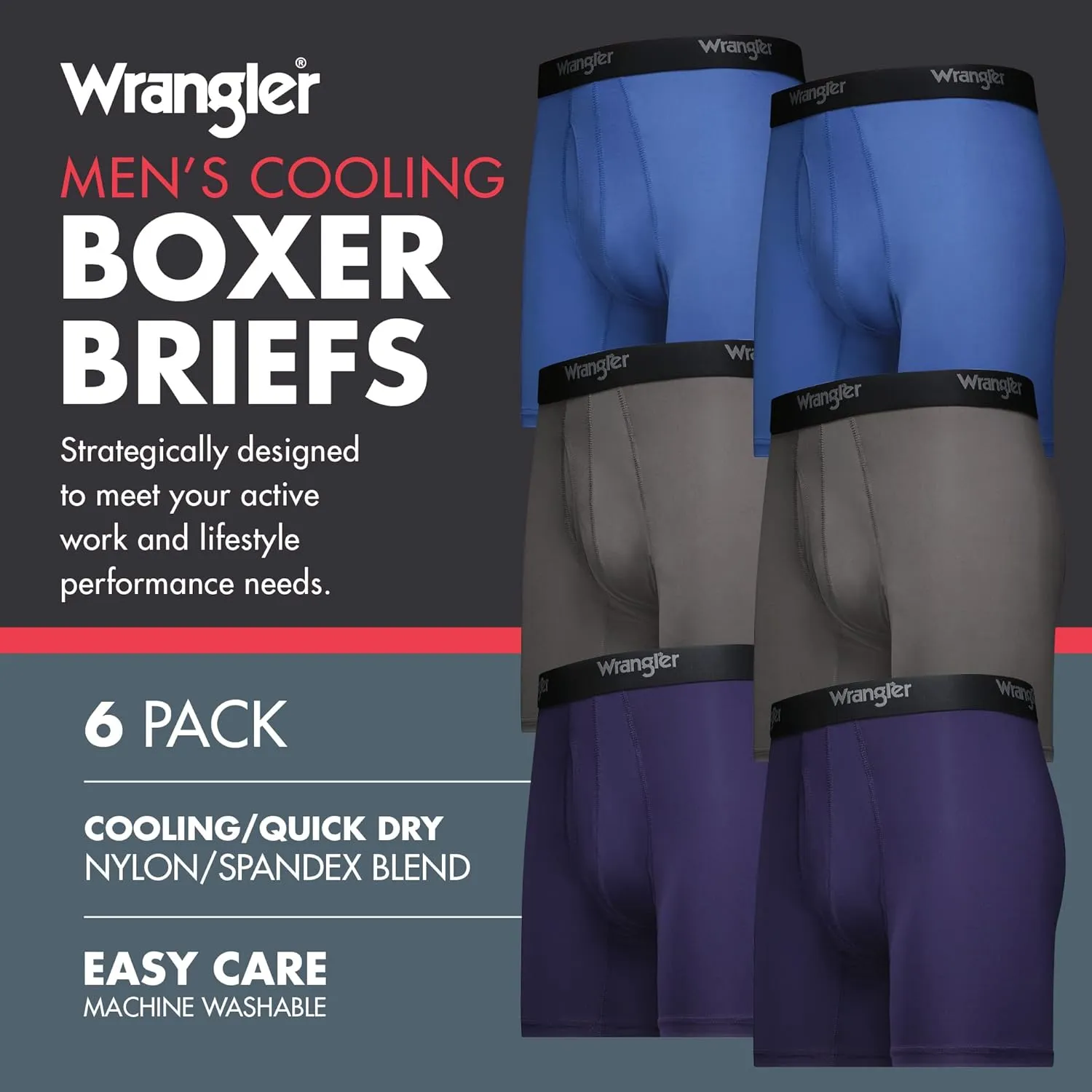 Wrangler Men??s Cooling Boxer Briefs, 6?? Inseam, Moisture-Wicking, Stretch Fabric, Pack of 6, Quick Dry