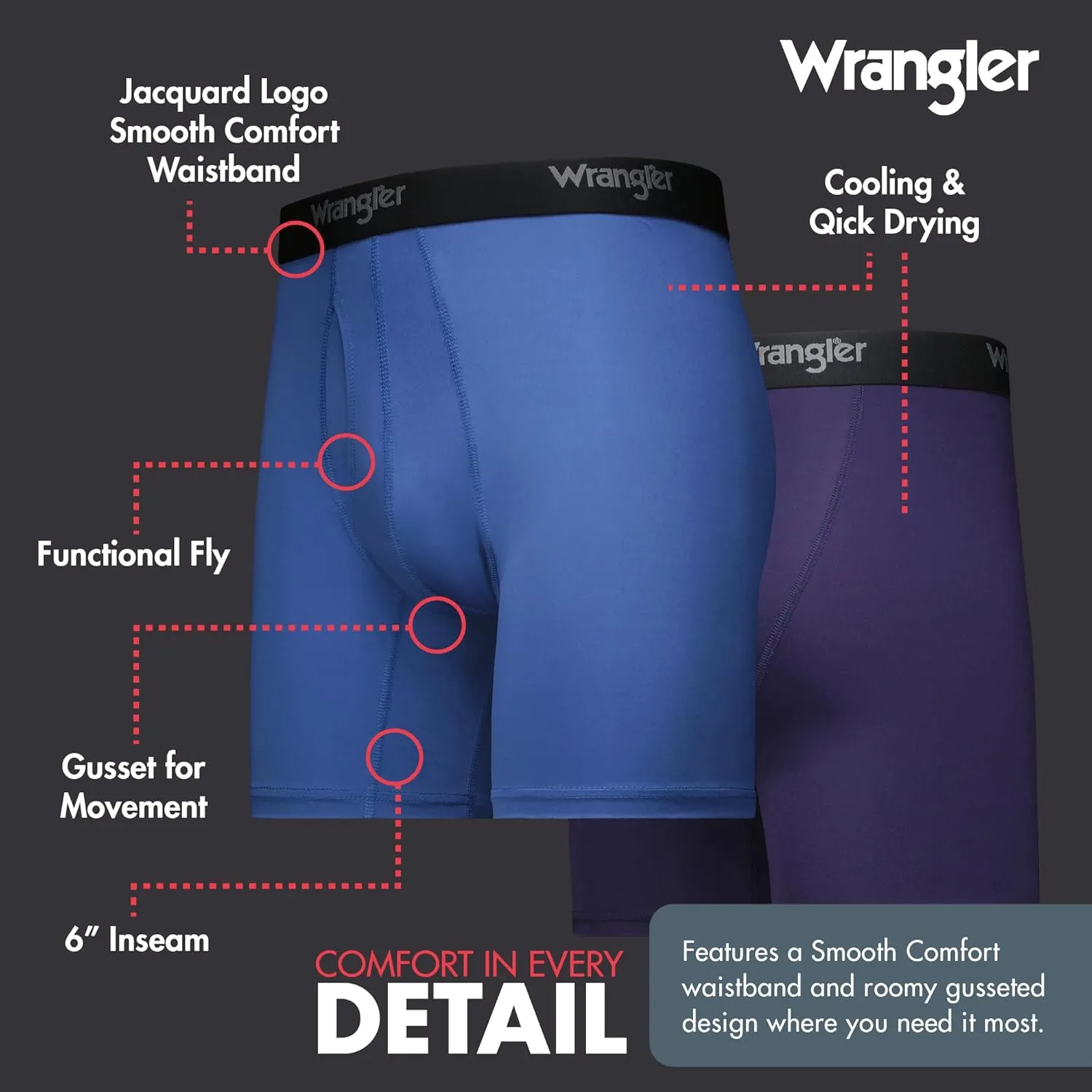 Wrangler Men??s Cooling Boxer Briefs, 6?? Inseam, Moisture-Wicking, Stretch Fabric, Pack of 6, Quick Dry