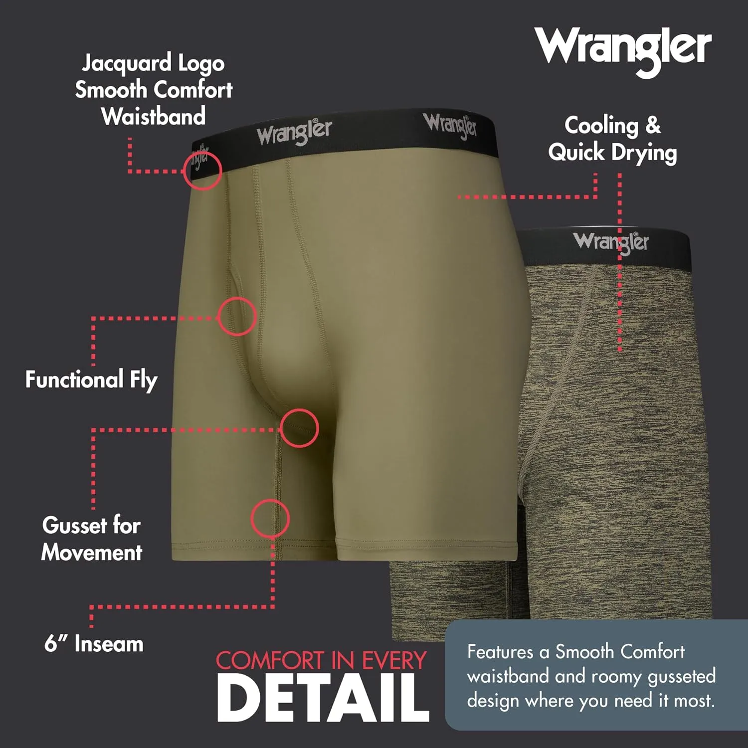 Wrangler Men??s Cooling Boxer Briefs, 6?? Inseam, Moisture-Wicking, Stretch Fabric, Pack of 6, Quick Dry