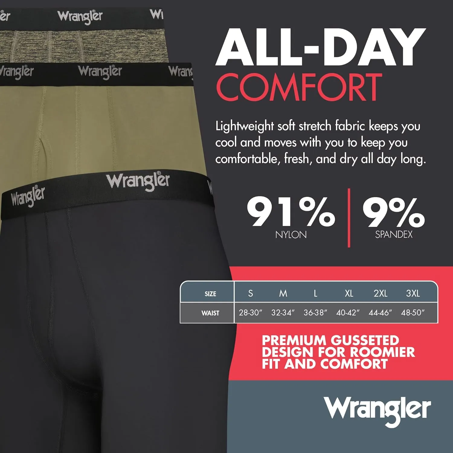 Wrangler Men??s Cooling Boxer Briefs, 6?? Inseam, Moisture-Wicking, Stretch Fabric, Pack of 6, Quick Dry