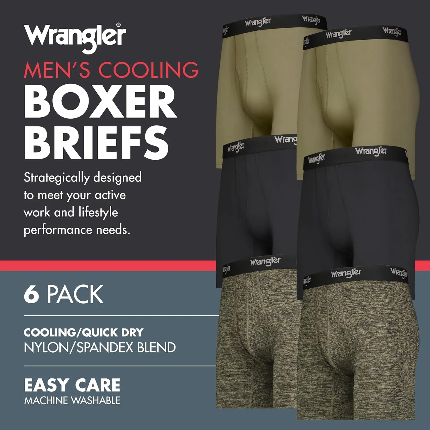 Wrangler Men??s Cooling Boxer Briefs, 6?? Inseam, Moisture-Wicking, Stretch Fabric, Pack of 6, Quick Dry